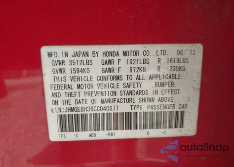 2012 Honda Fit z USA, uszkodzony, nr VIN JHMGE8H36CC040677